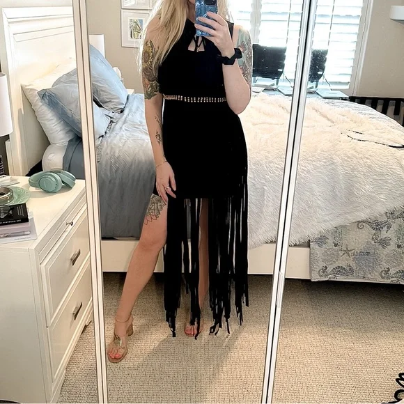 Black Fringe Maxi Cover Up One Size Halter Sheer Beach Dress Gold Waist Detail - Picture 9 of 14